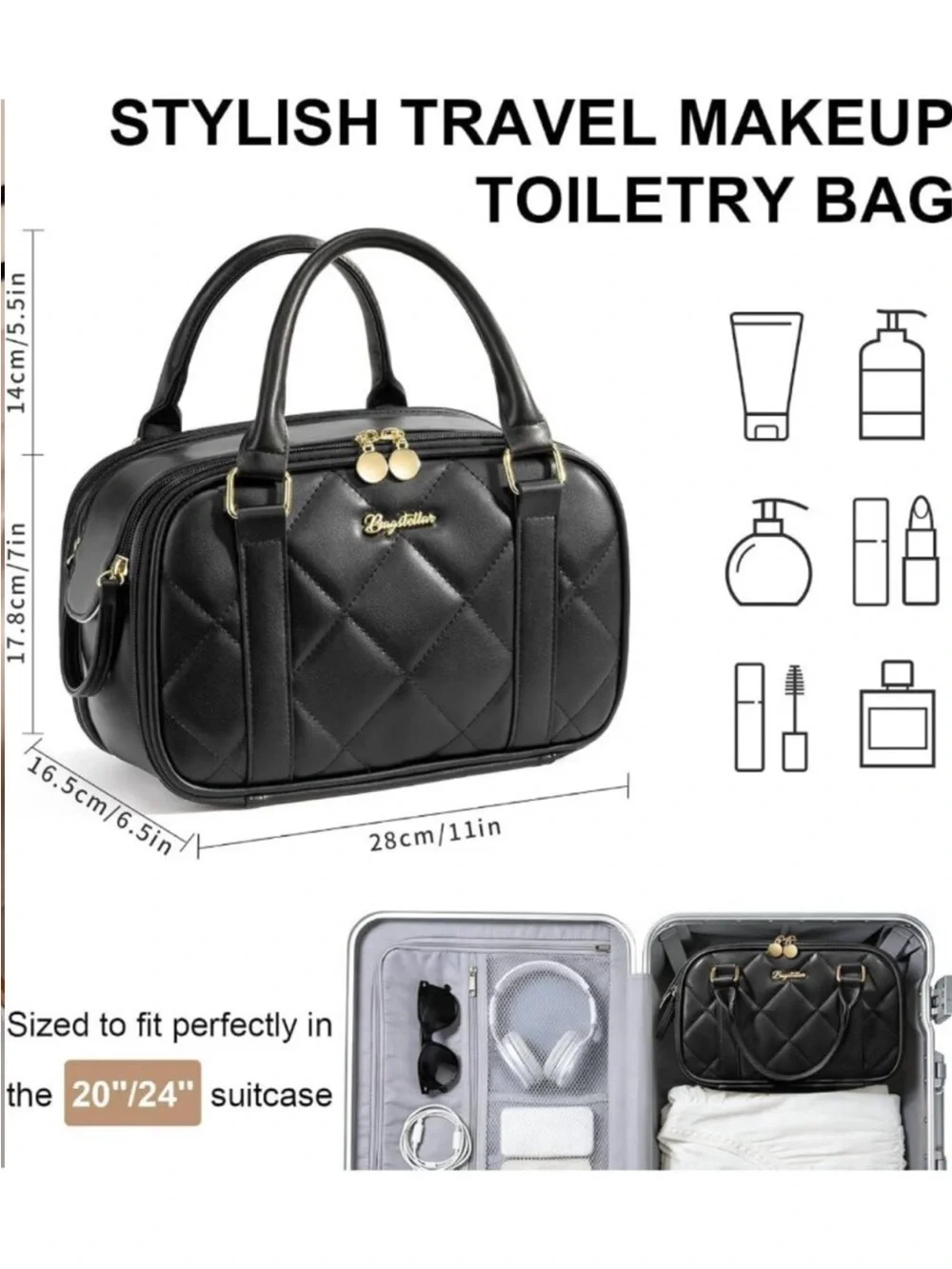 Large  new Capacity Quilted Travel Makeup Bag - Stand-Up Cosmetic Organizer Pouc